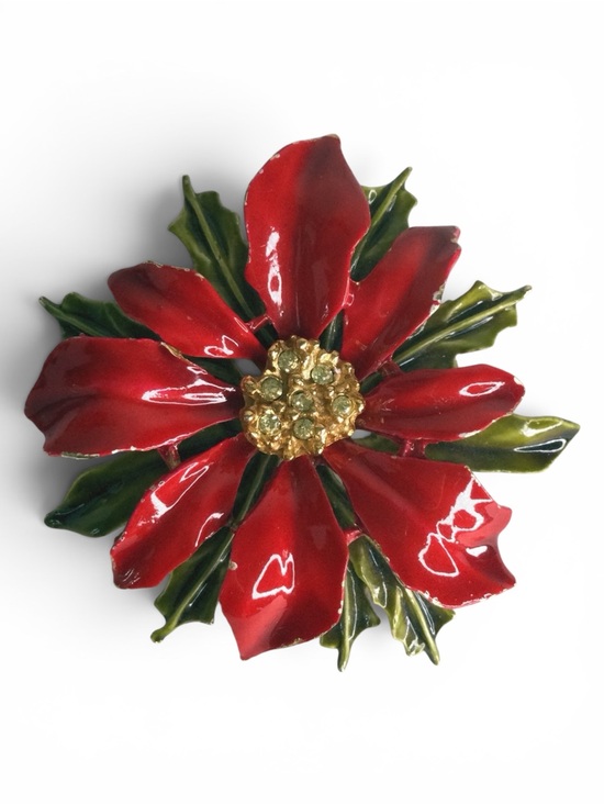 Art Jewelry - Vintage Signed ARTHUR PEPPER Red Enamel Poinsettia Holiday Brooch – Gold‑Tone